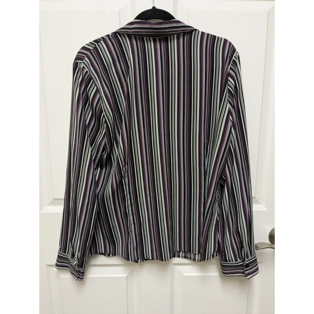Dressbarn XL Striped Button-Down Blouse - Purple Black White - 90s/Y2K Era - Picture 2 of 8